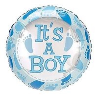Balon din Folie Metalizata, Flippy, Figurina Rotunda, Model It's a Boy, Tema Gender Reveal, 45 cm, Ambalaj Individual, Pai Inclus, Umflare cu Aer sau Heliu, Albastru
