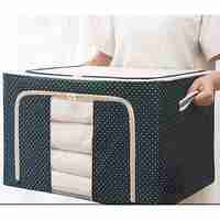 Cutie de Depozitare Pliabila, Flippy, Cu Fermoar, 66 L, Textil, 50 x 40 x 33 cm, Cadru Metalic, Suport Baza Stabil din Plastic, Imprimeu Buline, Albastru Marin