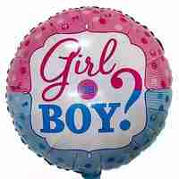 Balon din Folie Metalizata, Flippy, Figurina Rotunda, Model Girl or Boy, Tema Gender Reveal, 45 cm, Ambalaj Individual, Pai Inclus, Umflare cu Aer sau Heliu, Albastru/Roz
