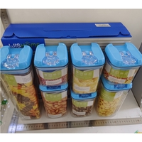 Set 7 Cutii de Depozitare Alimente, Flippy, 2 x 500ml, 2 x 800ml, 2 x 1200ml, 1 x 1900 ml, Capac Albastru, din PP+PET, Inchidere Ermetica, Transparent