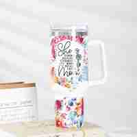 Cana Termos din Plastic, Flippy, pentru Bauturi Calde si Reci, cu Maner, Imprimeu Floral, cu Mesaj pentru Mama, Alb, 10x7.6x27.5 cm