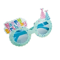 Ochelari Decorativi, Flippy, pentru Petrecere, din ABS, Unisex, Model Happy Birthday, 13.5 x 8.5 cm, Albastru cu Lenile Albastre