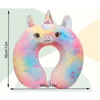 Perna de Calatorie in Forma de U, Flippy, Pentru Gat si Cap, Umplutura din Spuma cu Memorie, 30x30 cm, Model Unicorn, Accesoriu de Voiaj, Birou, Masina, Sistem Prindere Capse, Multicolor