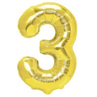Balon din Folie Metalizata Flippy, Figurina Cifra, Tema Aniversare 80 cm, Ambalaj Individual, Pai inclus, Umflare cu Aer sau Heliu, Auriu, Cifra 3