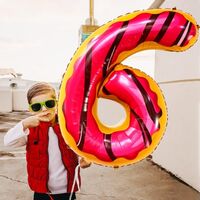 Balon din Folie Metalizata Flippy, Figurina Cifra, Imprimeu Gogosi, Tema Aniversare 100 cm, Ambalaj Individual, Pai inclus, Umflare cu Aer sau Heliu, Multicolor, Cifra 6