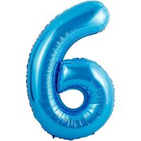 Balon din Folie Metalizata Flippy, Figurina Cifra si Coroana, Tema Aniversare 100 cm, Ambalaj Individual, Pai inclus, Umflare cu Aer sau Heliu, Albastru, Cifra 6