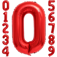 Balon din Folie Metalizata Flippy, Figurina Cifra, Tema Aniversare 80 cm, Ambalaj Individual, Pai inclus, Umflare cu Aer sau Heliu, Rosu, Cifra 0