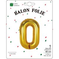Balon din Folie Metalizata Flippy, Figurina Cifra, Tema Aniversare 40 cm, Ambalaj Individual, Pai inclus, Umflare cu Aer sau Heliu, Auriu, Cifra 0