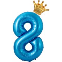 Balon din Folie Metalizata Flippy, Figurina Cifra si Coroana, Tema Aniversare 100 cm, Ambalaj Individual, Pai inclus, Umflare cu Aer sau Heliu, Albastru, Cifra 8
