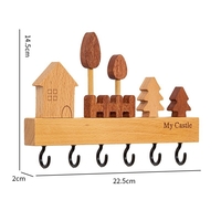 Suport pentru Chei, Flippy, din Lemn, Aplicare fara Perforare, Adeziv Inclus, 6 Carlige Negre, Model Casuta, Greutate Suportata 5 kg, 14.5 x 2 x 22.5 cm, Maro
