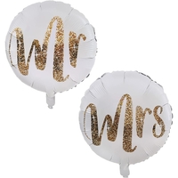 Set 12 Baloane din Folie Metalizata si din Latex, Flippy, Model Mr Mrs, Tema Nunta, Baloane Party cu Confetti, 45 cm, 30 cm, Pai inclus, Umflare cu Aer sau Heliu, Alb/Auriu