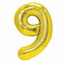Balon din Folie Metalizata Flippy, Figurina Cifra, Tema Aniversare 80 cm, Ambalaj Individual, Pai inclus, Umflare cu Aer sau Heliu, Auriu, Cifra 9