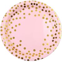 Set 10 Farfurii Unica Folosinta, Flippy, Imprimeu cu Buline, din Carton, Diametru 18 cm, Roz/Auriu