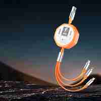 Cablu Retractabil 3in 1 pentru Telefon, Flippy, Cablu de incarcare rapida 100W, stil Mecha, potrivit pentru Auto, Universal 1.2M, Portocaliu