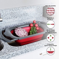 Cos de Scurgere Retractabil pentru Chiuveta, Flippy, cu Filtru, pentru Fructe si Legume, de Uz Casnic, 39x12 cm, Design Extensibil pana la 61 cm, cu Manere de Prindere, Rosu
