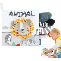 Carte Senzoriala, Flippy, pentru Bebelusi, 15x16x6 cm, cu Animalute, 3D, Cu Sunete si Fosnete, 0-3 Ani, Model Leu, Gri