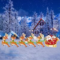 Decoratiune de Craciun, Flippy, pentru Gradina, Tip Trenulet, 6 Figurine + Bete de Infipt in Pamant, din Plastic, Impermeabil, Model Mos Craciun cu Renii, Multicolor