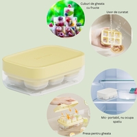 Forma pentru gheata cu presa Flippy, din silicon alimentar, 6 cuburi, caserola pentru depozitare, usor de folosit si curatat, 10.5 x 7.5 x 4.1 cm, galben