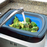 Cos de Scurgere Retractabil pentru Chiuveta, Flippy, cu Filtru, pentru Fructe si Legume, de Uz Casnic, 39x12 cm, Design Extensibil pana la 61 cm, cu Manere de Prindere, Albastru