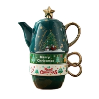 Set de Ceai, Flippy, Tema Craciun, Ceainic 450 ml, 2 x Cani 250 ml, din Ceramica, Model Brad, Verde/Turcoaz