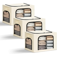 Cutie de Depozitare, Flippy, cu 3 Ferestre cu Fermoar Bidirectional, Cadru din Otel, Impermeabil, 38L, 42 x 30 x 30 cm, Bej