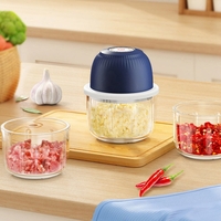 Tocator Electric pentru Bucatarie, Flippy, Model Presa Electrica pentru Legume Fructe Carne Umpluturi Sosuri, Otel Inoxidabil, 14 x 10.5 x 10.5 cm, 350 ml, Albastru Inchis