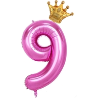 Balon din Folie Metalizata Flippy, Figurina Cifra si Coroana, Tema Aniversare 100 cm, Ambalaj Individual, Pai inclus, Umflare cu Aer sau Heliu, Roz, Cifra 9