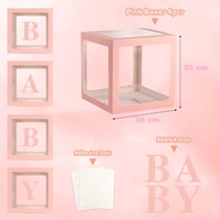 Set 4 Cutii pentru Baloane, Flippy, Model Scris Baby, Tematica Iubire, Cuburi Decorative din Plastic, Accesorii pentru Petrecere, 30 x30 cm, Transparente Contur Roz