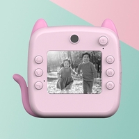 Camera Instantanee pentru Copii, Flippy, cu Functie de Printare, Camera Frontala + Selfie, Cablu USB-C, Bluetooth, Compatibil iOS/Android, Imprimare APP, Model Pisica, Roz