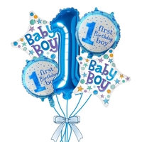 Balon din Folie Metalizata, Flippy, Prima Aniversare, Model First Birthday Boy, 45 cm, Ambalaj Individual, Pai Inclus, Umflare cu Aer sau Heliu, Albastru