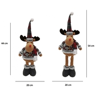 Figurina Decorativa, Pentru Craciun, Flippy, Ren, Picioare Telescopice, Inaltime Reglabila 44-54cm, Bluza cu Fulgi, Rosu/Gri