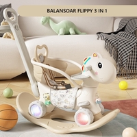 Balansoar pentru Copii, Flippy, 3in1, cu Spatar si Bara de Siguranta, Maner cu Cos de Basket, Tava de Masa, Roti Luminoase, 80 x 43 x 83 cm, din Plastic, + 3 Ani, Bej