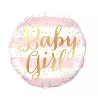 Balon din Folie Metalizata, Flippy, Figurina Cerc, Model Baby Girl, Tematica Gender Reveal, 45 cm, Ambalaj Individual, Pai Inclus, Umflare cu Aer sau Heliu, Roz