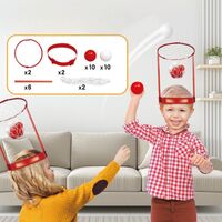 Set Interactiv pentru Copii, Flippy, Joc cu Doua Cosuri de Baschet de Pus pe Cap, Joc Dublu, 20 de Mingi Albe si Rosii, Multicolor
