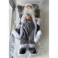 Figurina Decorativa Craciun, Flippy, Mos Craciun cu Crenguta de Brad, 30 x 10 x 17 cm, Material Plastic+Textil, Interior/Exterior, Alb/Gri