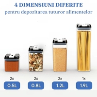 Set 7 Recipiente Organizare Alimente, Flippy, Inchidere Etansa, Etichete Reutilizabile, Cupe Masurare, 4 Dimensiuni Diferite, din Plastic Dur, Transparent