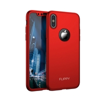 Set Husa si Folie de Protectie, Flippy, Compatibila cu Apple iPhone X, Full Cover 360°, Plastic + Sticla, Rosu