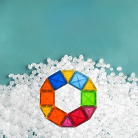 Set 32 Piese Magnetice de Constructie, Flippy, Piese 5.5 cm, Magnetic Tiles, Forme Geometrice, 3 Ani, ABS, Magnet, 20.5 x 14.5 x 12 cm, Multicolor