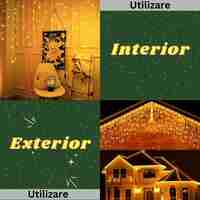 Instalatie Craciun Yoto, Tip Franjuri/Turturi, 12 m, 300 LED-uri, Prelungitor 1.5 m, 8 Jocuri de Lumini, Interconectabila, Conectare la Retea, Fir transparent, Interior/Exterior, Alb Cald