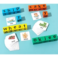 Joc cu Blocuri din Lemn, Flippy, Formare Cuvinte, Cartonase cu Obiecte si Animale, Clopotel, Joc pentru 4 Persoane, 3 Ani+, 28x15.5x5 cm, Multicolor