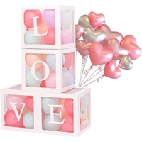 Set 4 Cutii pentru Baloane, Flippy, Model Scris Love, Tematica Iubire, Cuburi Decorative din Plastic, Accesorii pentru Petrecere, 30 x30 cm, Transparente Contur Alb