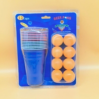 Joc de Baut BEER PONG, Flippy, Set din 12 Mingi de Tenis si 12 Pahare Reutilizabile, Joc Interactiv pentu Adulti, Albastru Rosu