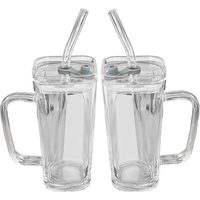 Pahar pentru Racoritoare, Flippy, din Sticla, 330 ml, cu Pai si Maner, Model Clear, Transparent