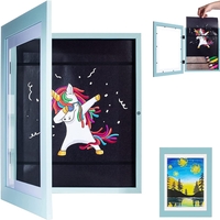 Rama Foto Flippy, cu Magnet, din Lemn, cu Spatiu Pentru Depozitare, Pentru Desene si Picturi A4, Sticla Securizata, Rama MDF, 21x30 cm, Albastru