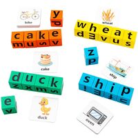 Joc cu Blocuri din Lemn, Flippy, Formare Cuvinte, Cartonase cu Obiecte si Animale, Clopotel, Joc pentru 4 Persoane, 3 Ani+, 28x15.5x5 cm, Multicolor