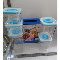 Set 5 Cutii de Depozitare pentru Bucatarie, Flippy, 2 x 600ml, 2 x 1.3L, 1 x 2L, din ABS+PET+Silicon, Capac Alb/Albastru, 23 x 10 x 10 cm, Transparent