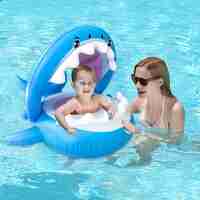 Colac de inot gonflabil pentru copii, Albastru, Model Rechin, 90 cm, Flippy