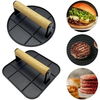 Presa Manuala pentru Carne, Flippy, din Aliaj de Aluminiu, Maner din Lemn, Presa pentru Burgeri, Usor de Curatat si Folosit, Rotunda, 16x16x6 cm, Neagra