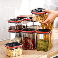 Cutii de Depozitare Alimente, Flippy, Set din 5 Cuti de tip Container, Recipiente pentru Cereale in Bucatarie,  Transparente cu Capac Negru