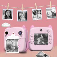 Camera Instantanee pentru Copii, Flippy, cu Functie de Printare, Camera Frontala + Selfie, Cablu USB-C, Bluetooth, Compatibil iOS/Android, Imprimare APP, Model Pisica, Roz